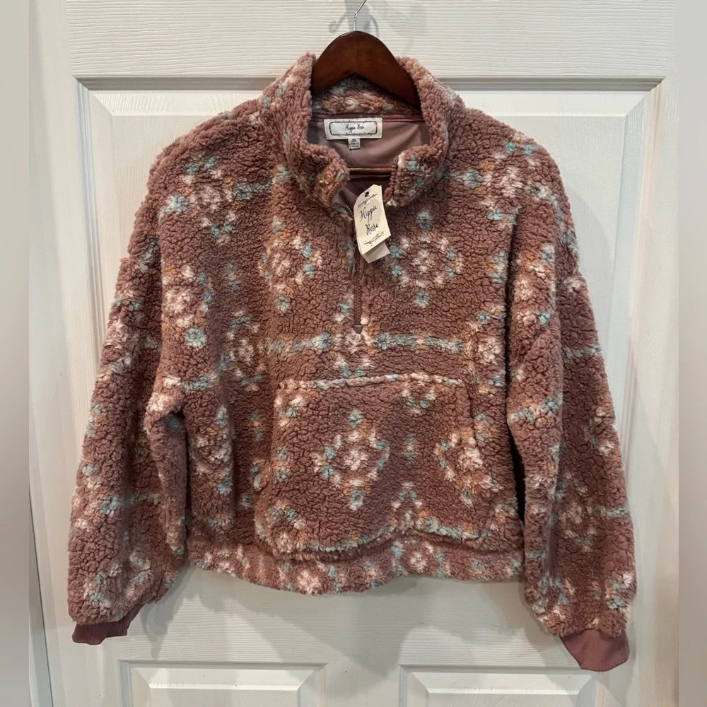 Hippie Rose Sherpa Quarter Zip Pullover Mauve Aztec  Size XL NWT